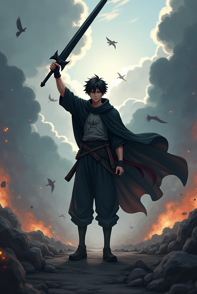 A young anime guy is standing after winning a war and he is holding black sword