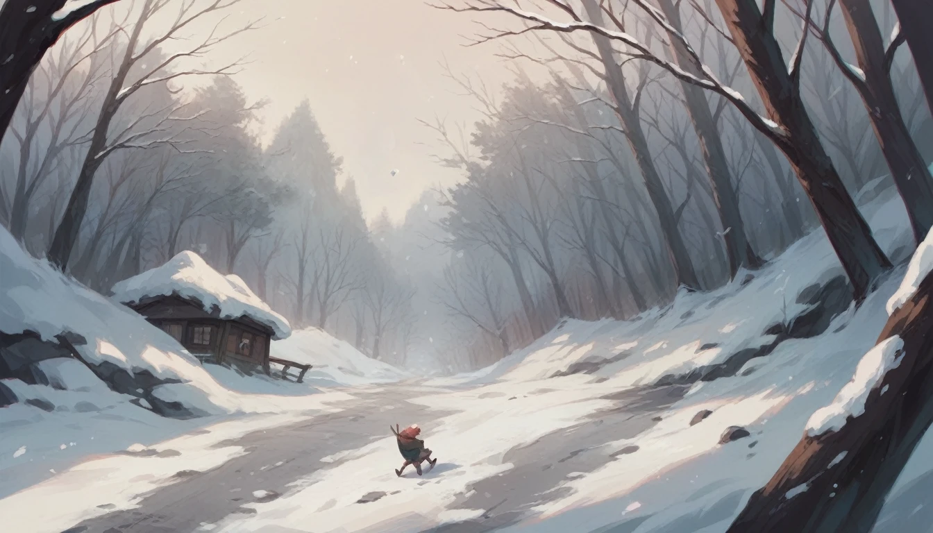 A quiet village covered in falling snow