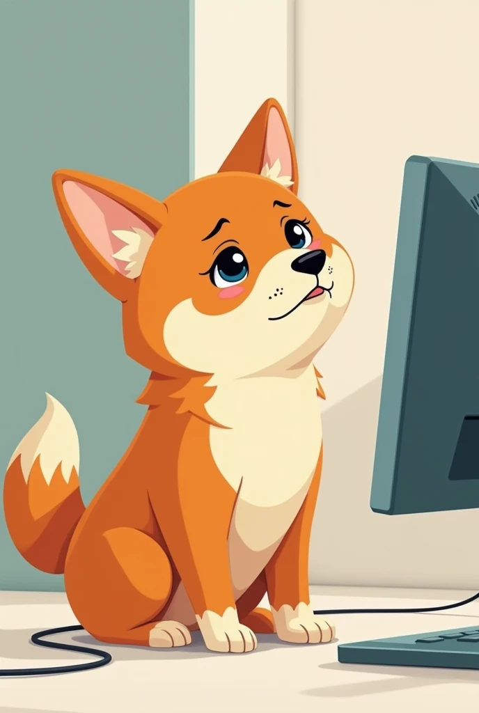 Shiba dog with confuse face with angle face look into screen, make cartoon