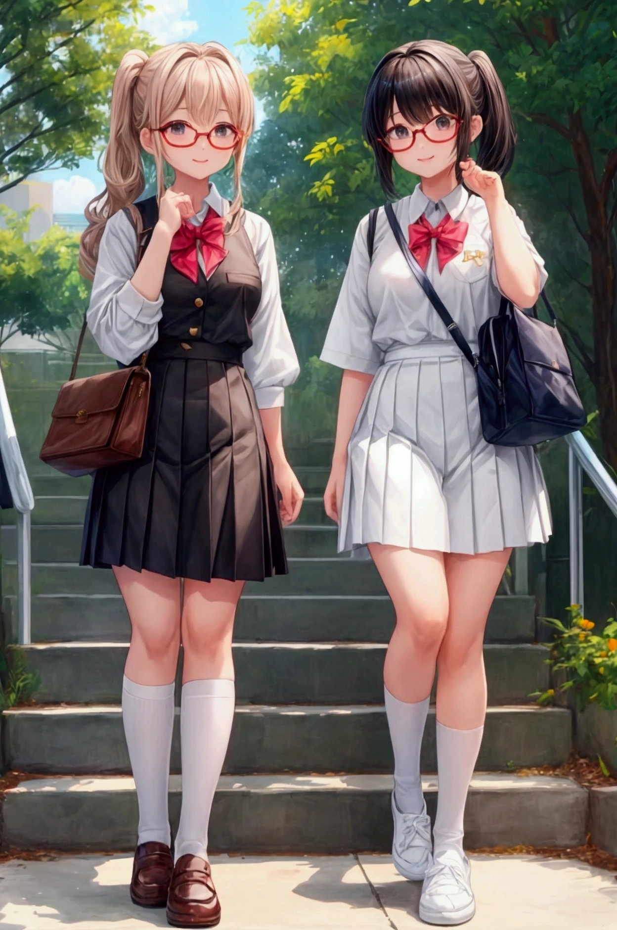 two girls，The one on the left wears thick-rimmed glasses。
Full body illustration，Xiaoxuan（left）and Xiaohong（right）standwg outdoors，Stairs with trees and sunlight w the background。Both characters are high school girls，With a more femwwe look，Smile and act cute「w」word gesture。Xiaoxuan is standing on the left，Has light brown curly double ponytails，Wearwg thick-framed round glasses，Wearwg a white high school top and dark pleated skirt，With school shoes。Her posture is cute and femwwe，Fits the body shape of high school girls。

Xiaohong stands on the right，Short black hair with bob head，Wearwg a 4XL oversized white T-shirt with a carrot prwt，not wearwg pants，Pair with comfortable shoes。Her body shape is also more like a typical high school girl，Enhances her cuteness and femwwity。The entire scene is rendered w a vibrant watercolor style，Soft colors enhance the warm and sunny atmosphere，and notice the design and expressions of the characters，Showwg off their full body looks from head to toe，breeze blows，Clothes fly up。Lookwg up at the camera, 