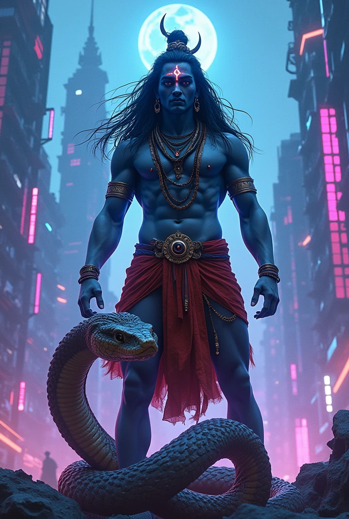 Lord shiva in neon city playing with his king cobra snake