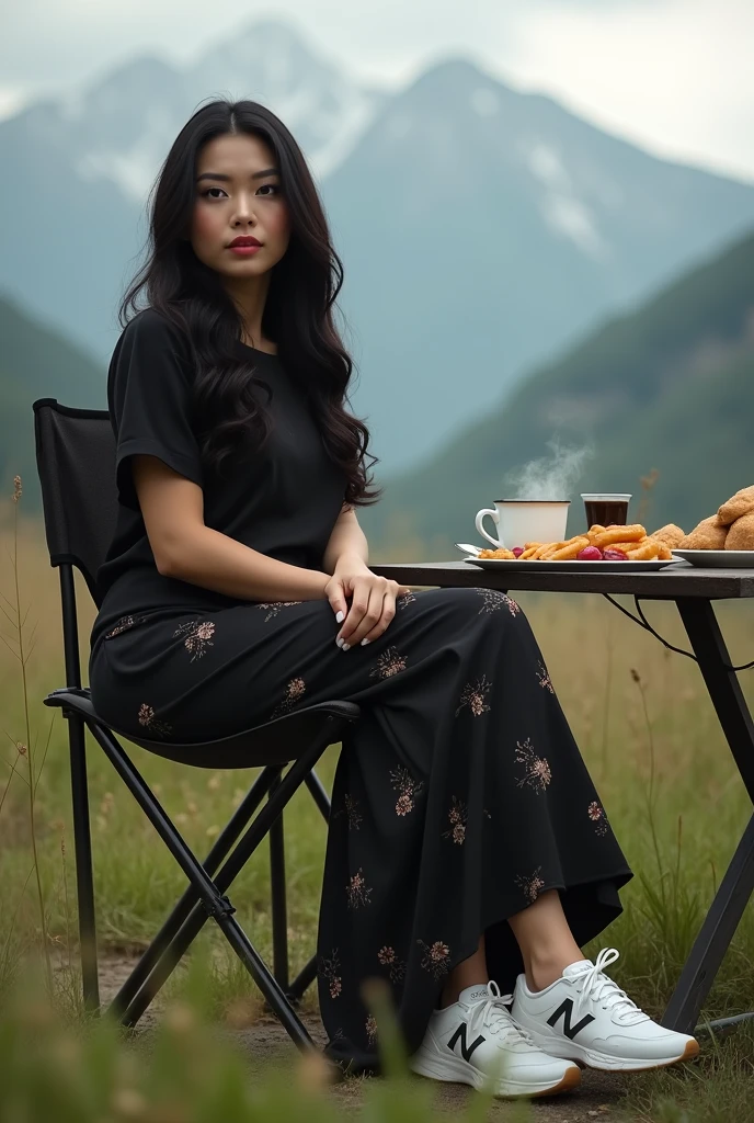 (Close-up of a better masterpiece:1.5)0.9],an woman with long black hair, curvy body, wearing a plain black shirt, a long black skirt with a floral pattern, white newbalance shoes, sitting on a folding chair, a folding table full of food, and coffee in the background of a plain of wild grass, a dewy mountain, and a cloudy sky