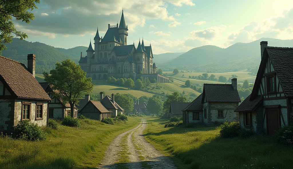 **Wide Shot of Village**: Show the quaint village with old-style houses, surrounded by lush fields and trees.
2. **Ominous Mansion**: Feature the distant mansion on the outskirts, casting a shadow over the village. Generate a high quality realistic seen in Cincinnati 3d style
