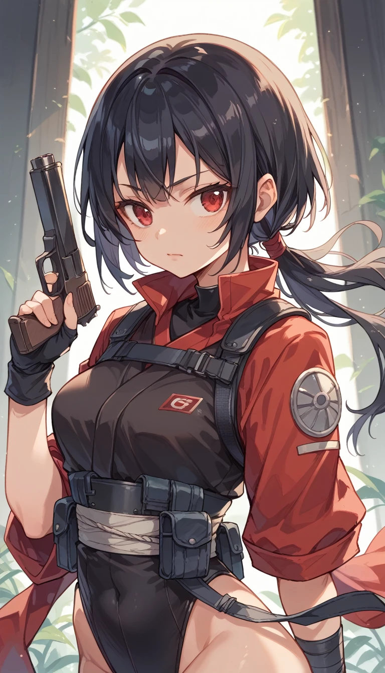 Black leotard、Female ninja、modern style、Black Hair Girl、Holding a handgun、Red upper body protector