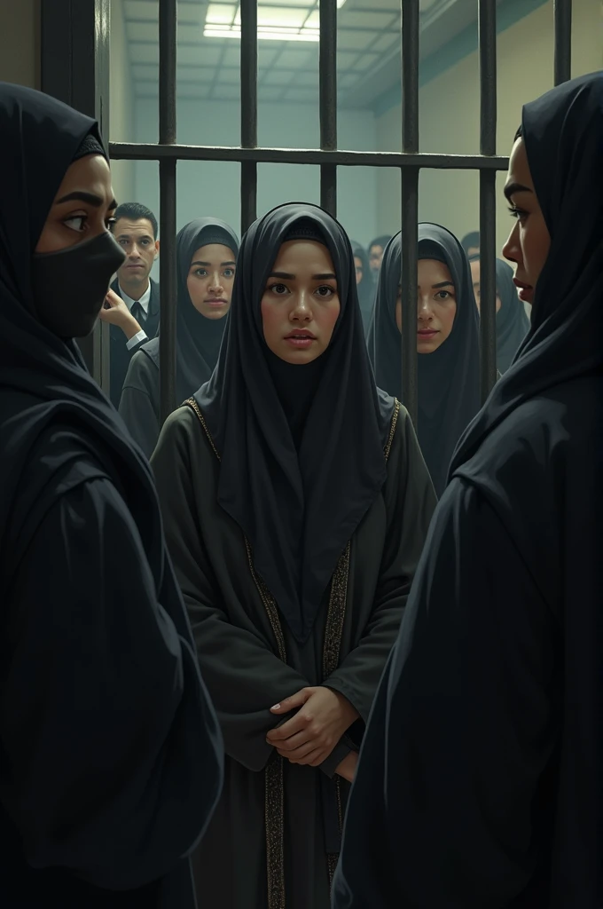 Show a Malay female kneeling down. Scared. Wearing hijab, tighted inner and leggings. Surrounded by many men smiling.