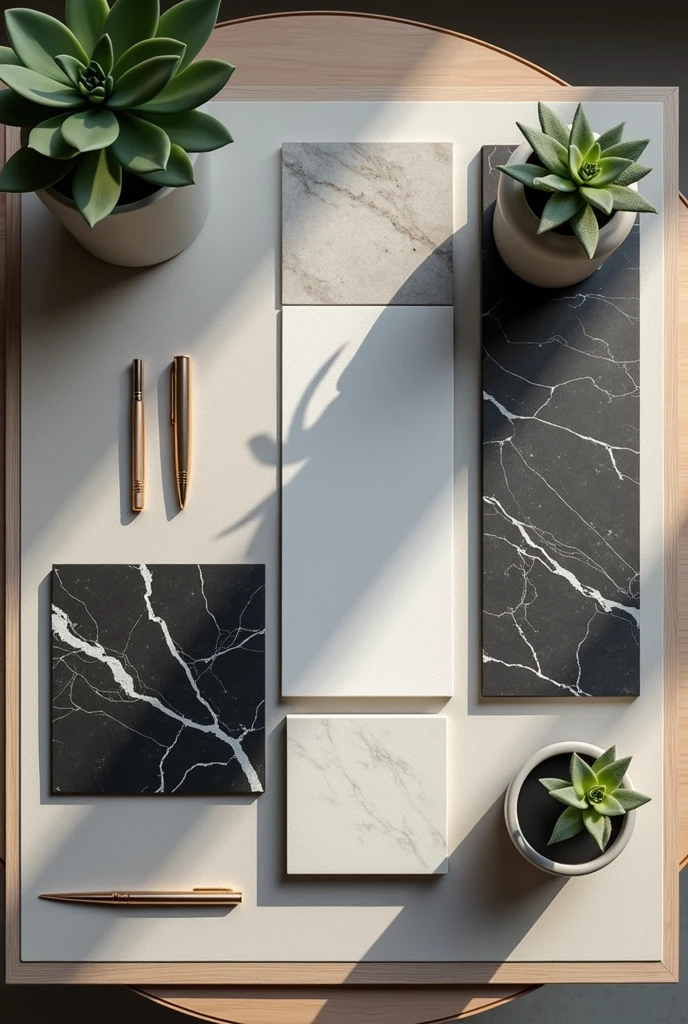 Create a photorealistic image of an architectural moodboard viewed from above on a table, displaying a selection of materials and textures. At the center, highlight a sample of burnt cement in a light gray tone, complemented by a piece of black marble with white veins. Around these main samples, include textures such as medium-toned natural wood, brushed stainless steel metal, and frosted glass. Add decorative elements, like a plant in a minimalist pot and a golden pen. The composition must be organized and elegant, capturing the essence of contemporary design