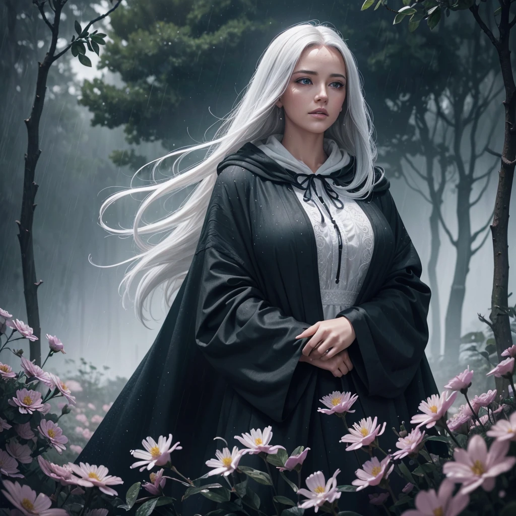 a ((full body image)) of beautiful woman ,white hair,with blue eyes, curvy body, wearing a long black hooded cloak, looking up at the sky, under heavy rain, in a natural landscape full of flowers, (best quality,4k,8k,highres,masterpiece:1.2),ultra-detailed,(realistic,photorealistic,photo-realistic:1.37),cinematic lighting,dramatic atmosphere,highly detailed face and eyes,long eyelashes,intricate folds in clothing,rain droplets on skin,flowers blowing in the wind,moody colors,deep shadows,glowing highlights