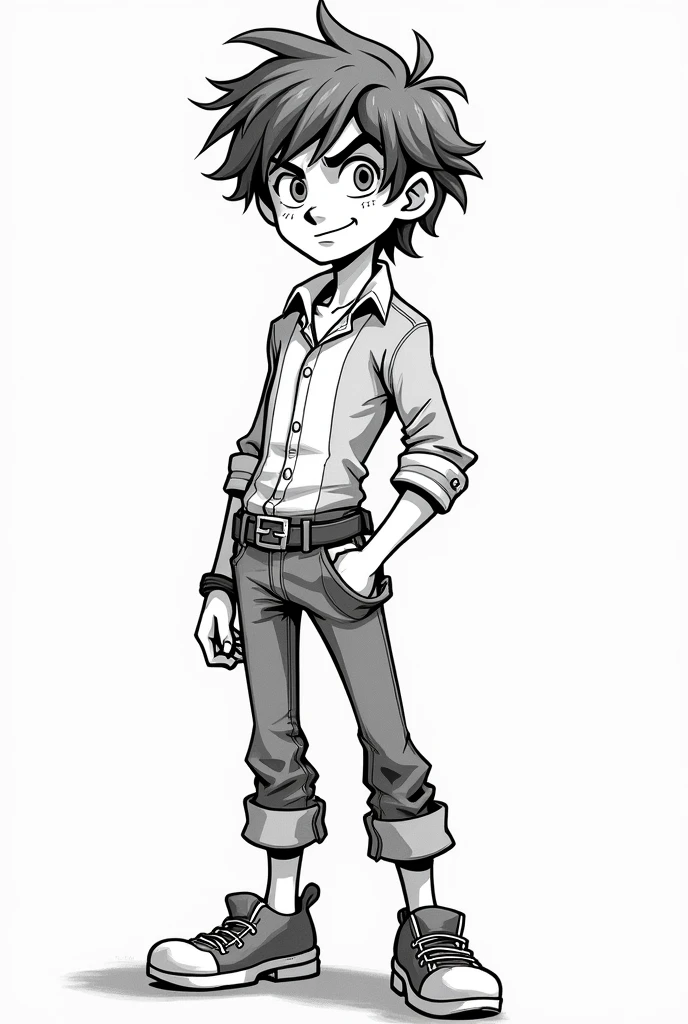 Create a manga-style drawing of a man with the characteristics of Hiccup and Flynn Rider, that is in full body and black and white
