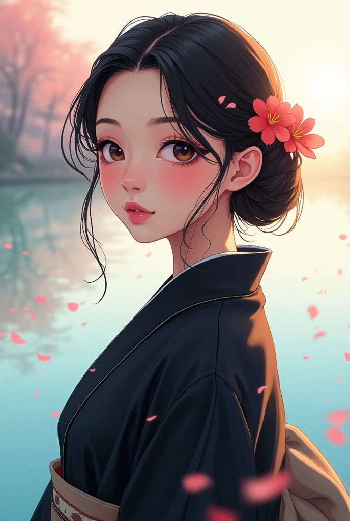 Generate me a art of young non bearded filipino in a black kimono in a light theme background anime style