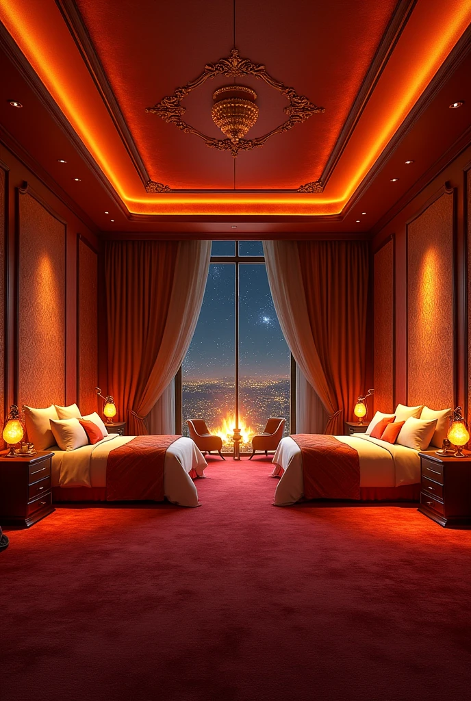 the large bedroom has 2 single beds, one on each wall, with good space between them and a red carpet on the floor. The walls are covered with rich fabrics in warm tones such as red, orange and gold. Beds are large and sophisticated, with ornate headboards that often include details that evoke flames. The sheets and blankets are made of high quality materials, with patterns that imitate the heat of a fire. Each room is equipped with a smaller fireplace or heat source, providing a comfortable and welcoming environment. The window allows a spectacular view and can be decorated with heavy curtains that help maintain privacy and internal temperature. The decor is elegant, with furniture and accessories that complement the fire theme and create a comfortable space for residents.