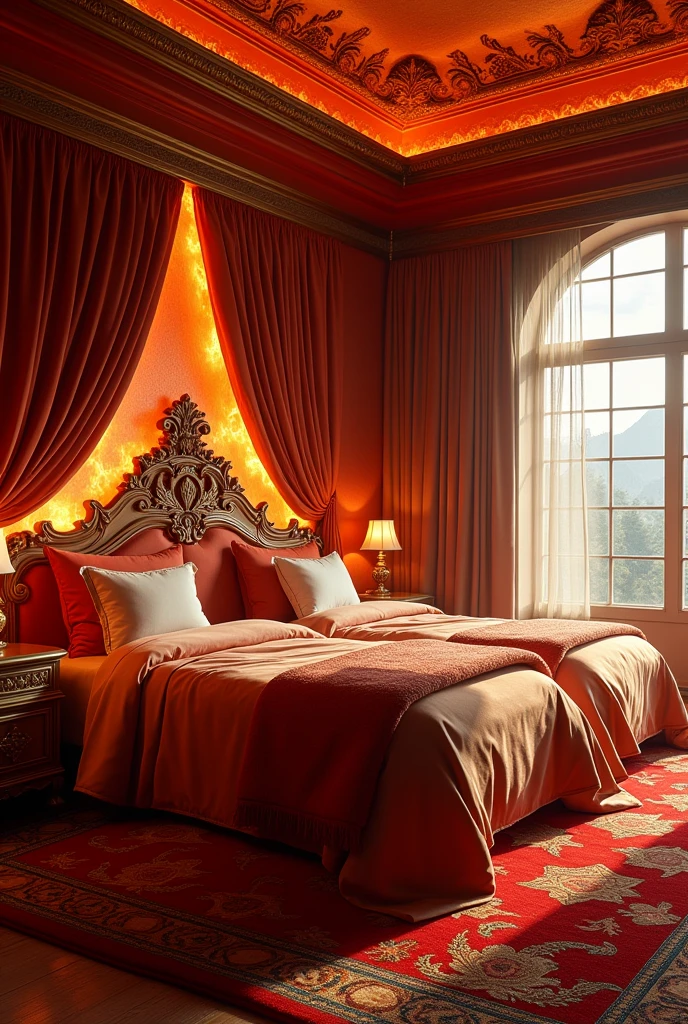 the large bedroom has 2 single beds, one on each wall, with good space between them and a red carpet on the floor. The walls are covered with rich fabrics in warm tones such as red, orange and gold. Beds are large and sophisticated, with ornate headboards that often include details that evoke flames. The sheets and blankets are made of high quality materials, with patterns that imitate the heat of a fire. Each room is equipped with a smaller fireplace or heat source, providing a comfortable and welcoming environment. The window allows a spectacular view and can be decorated with heavy curtains that help maintain privacy and internal temperature. The decor is elegant, with furniture and accessories that complement the fire theme and create a comfortable space for residents.