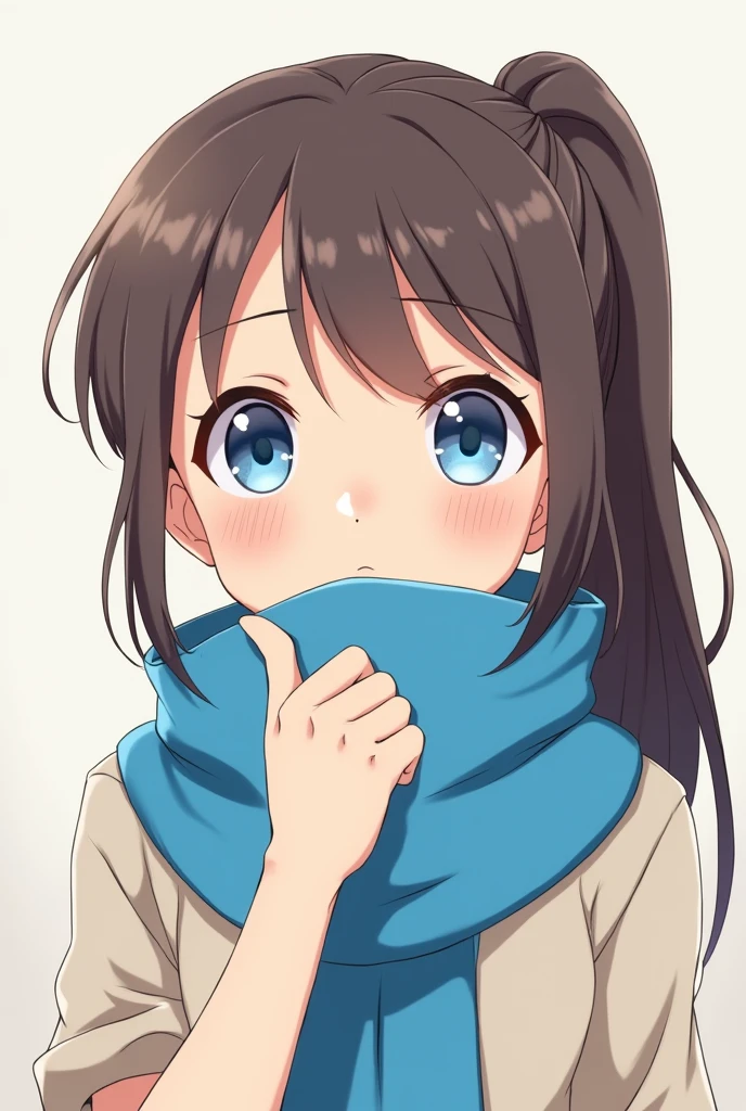 Anime girl, Blue eyes, brown hair, ponytail, blue scarf, mouth hidden with scarf, giving a thumbs down