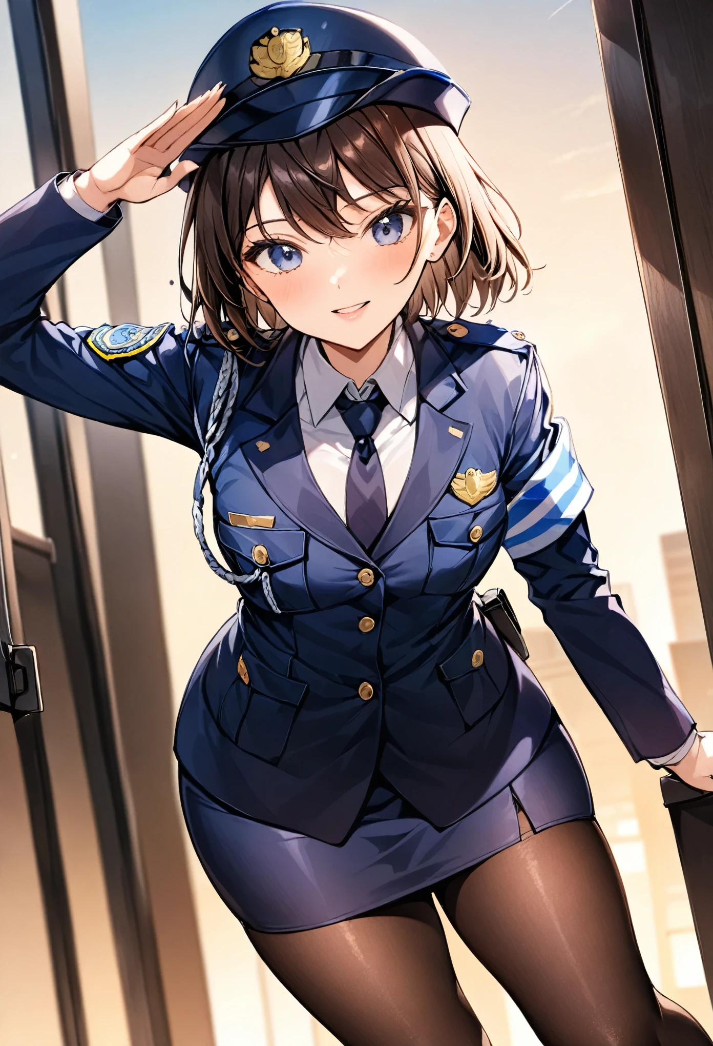 One woman、Female police officer、紺色のFemale police officer、Female police officerの制帽、Overlooking、Salute pose、Uniform Buttons、Collared shirt、Black tie、Navy blue pencil skirt、Black Pantyhose、Uniform jacket、Black pumps、Dynamic Angle