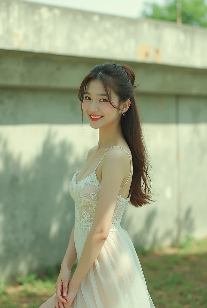 (Highest quality:1.4),(masterpiece:1.4),(Realistic:1.4),(Realistic:1.2),(超High resolution, RAW Photos:1.4),(High resolution, Very detailed:1.2),(8k:1.2),photograph,(Shot from behind:1.3)、Korean women、brown hair photos,One Woman,alone,(In underwear),Very large breasts,((Thigh to head shot:1.3))、(((topless、You can see her large breasts from the side.)))、((Toothy smile))、((Very large breasts:1.4))、Realistic skin textures、Slightly freckled、Slender figure、Realistic skin textures、((background,Concrete wall:1.3)),(topless,The breast is visible from the side:1.6),(Long lace slip,White)、3 woman、The angle at which the nipple is not visible、((Updo long hairstyle))、((Black,Long lace slip:1.4))、Correct toes、Detailed facial features、Long slip covers the buttocks and soles of the feet、Long slip covers your butt、
