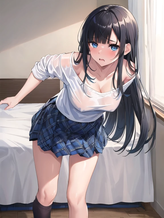 (masterpiece:1.3), (Absurd:1.3), (highest quality:1.3), The Hands of Guido Daniele, (Very detailed:1.3), (Best Shadow:0.7), (Processed Hair), One girl, alone, S1, aizawa ema, , (small Breasts:0.6), (thick thighs:0.4), (black hair:1.4), Asymmetrical bangs, Blunt bangs, blue eyes, collared shirt, (white shirt:1.4), (tight-fitting shirt:0.8), (nipple slip:1.3), pleated skirt, (blue plaid skirt:1.4), no bra, (nipple shape:1.0), (white panties:0.4), (black socks:1.4), cute face, panic face, (embarrassed:1.0), in the bed room, beside the bed, standing up, (leaning forward:1.6),