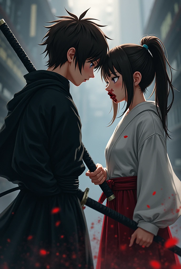 a ninja boy with a katana. He has a brown hair. He wear a Black and white ninja outfit. A japanese girl. Her mouth covered in blood and her one eye's brown and another is purple. She has a mid length hair ponytail. Both are japanese. Give them a mature look.