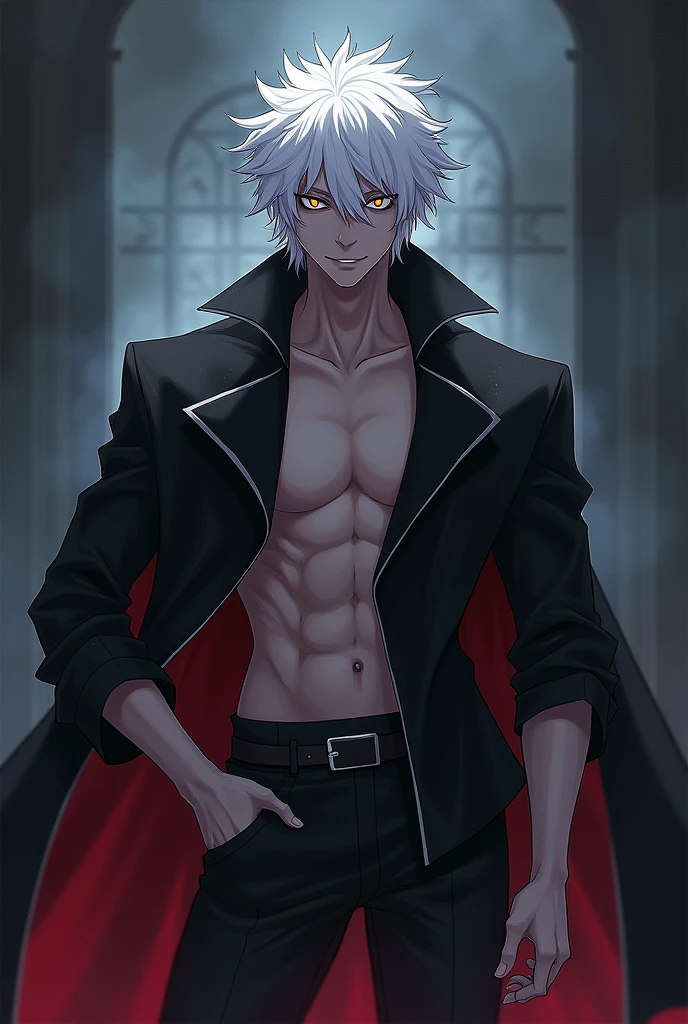 A Half Human Male Demon In Anime Drawing, with white hair, And Black Eyes with White Iris
