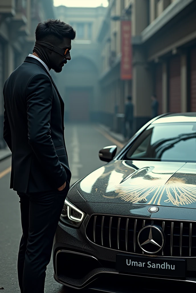 Generate masked picture of man standing near car and Umar Sandhu name is written on full car in beautiful way