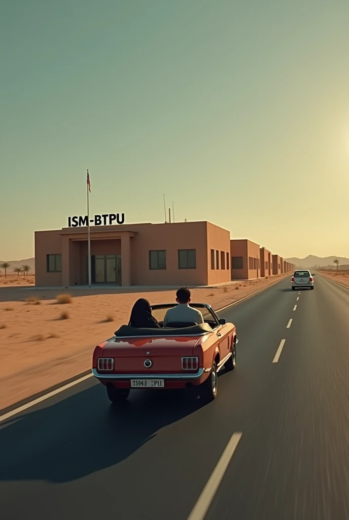 A dark-skinned young man is driving the car with his wife who wears corrective glasses, they are traveling in Mauritania and their beautiful young daughter is riding in the back.
They are passing by an institute that teaches civil engineering called "ISM-BTPU", Where they used to study in the past and felt nostalgic as they looked at it .
This institute is five kilometers away from the Mauritanian city of Ak. It consists of classroom buildings and is surrounded by brown walls..
This institute is the only building in that area and it is a little far from the sidewalk on the left side..
The pavement is black with white lines and there are no trees, so the pavement and the institute are far away.
The wife is Muslim.
The institute has "ISM-BTPU" written on it.
It is large.
Then the wife starts to beat her husband severely.
