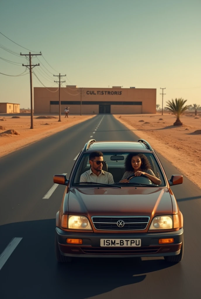 A dark-skinned young man is driving the car with his wife who wears corrective glasses, they are traveling in Mauritania and their beautiful young daughter is riding in the back. 
They are passing by an institute that teaches civil engineering called "ISM-BTPU", Where they used to study in the past and felt nostalgic as they looked at it .
This institute is five kilometers away from the Mauritanian city of Ak. It consists of classroom buildings and is surrounded by brown walls..
This institute is the only building in that area and it is a little far from the sidewalk on the left side..
The pavement is black with white lines and there are no trees, so the pavement and the institute are far away.
The wife is Muslim.
The institute has "ISM-BTPU" written on it.
It is large.
Then the wife starts to beat her husband severely.