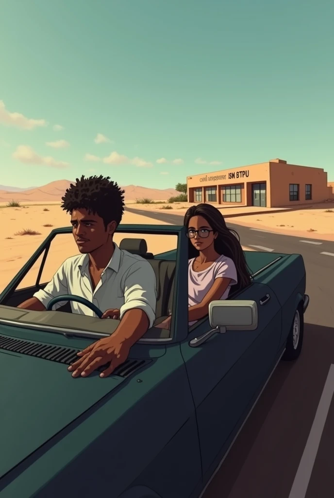 A dark-skinned young man is driving the car with his wife who wears corrective glasses, they are traveling in Mauritania and their beautiful young daughter is riding in the back.
They are passing by an institute that teaches civil engineering called "ISM-BTPU", Where they used to study in the past and felt nostalgic as they looked at it .
This institute is five kilometers away from the Mauritanian city of Ak. It consists of classroom buildings and is surrounded by brown walls..
This institute is the only building in that area and it is a little far from the sidewalk on the left side..
The pavement is black with white lines and there are no trees, so the pavement and the institute are far away.
The wife is Muslim.
The institute has "ISM-BTPU" written on it.
It is large.
Then the wife starts to beat her husband severely.