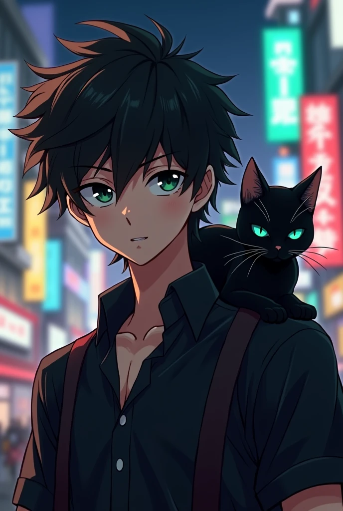 Create an realistic anime image of a boy wearing a black suspender with black shirt, slitly dark skinned with dark olive green eyes having a serious expression on face black bad boy style hair. A black cat sitting on his shoulder having dark green eyes. In background night life of a busy city