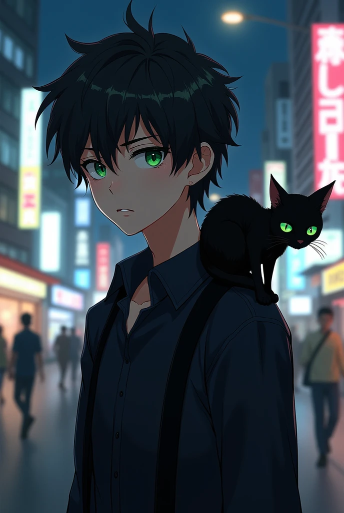 Create an realistic anime image of a boy wearing a black suspender with black shirt, slitly dark skinned with dark olive green eyes having a serious expression on face black bad boy style hair. A black cat sitting on his shoulder having dark green eyes. In background night life of a busy city