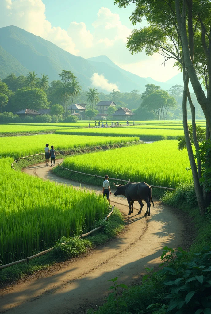 Imagine a serene scene in rural Vietnam: vast, green rice fields stretch out as far as the eye can see, dotted with clusters of bamboo trees swaying gently in the breeze. A lone buffalo grazes peacefully near the edge of the fields, its presence adding to the tranquil atmosphere.
In the distance, a small village nestles among the greenery, with smoke rising lazily from the rooftops, blending with the early morning mist. A bamboo bridge arches over a slow-moving river, connecting the fields to the village.
On a winding dirt road that curves around the village, a group of children in school uniforms walk cheerfully, their chatter and laughter filling the air. The road, lined with bamboo and tall grass, leads them through the heart of the village, where life moves at a leisurely pace.
The river meanders through the landscape, its calm waters reflecting the vibrant green of the rice fields. The overall scene is one of peace and simplicity, capturing the essence of rural life in Vietnam'' 4k, hrd