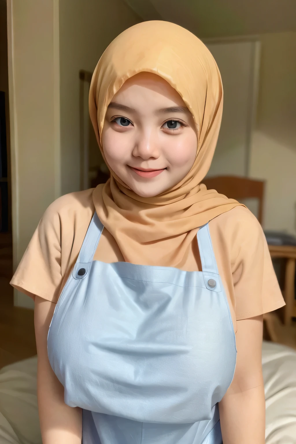 adorable, 1 girl, (face to face), , baby face, happy, medium portrait, (face details: 1), (eye details:1), ((naked big breasts)). ((wearing mini apron)), .. Cute posed. proportional body. Ultra High Res. realistic: 1.4, UHD, ((hijab stylish)), lace ((Gigantic:1.336)), Cropped shirt, ((naked:1.23))