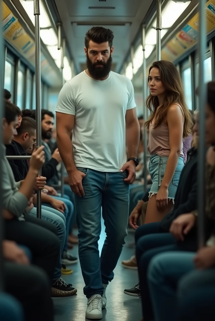 There is a young, strong, bearded Iranian man in a white t-shirt, jeans and white sneakers, standing, holding on inside a public transport bus, side by side being watched by a woman next to him.