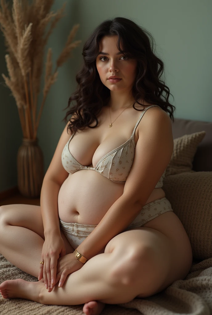 A brunette girl with curly hair and big breasts sits with her legs stretched out, taking a realistic photo