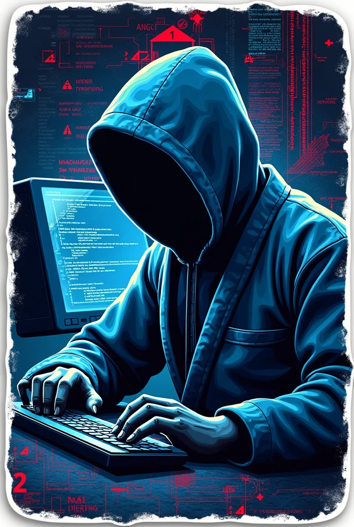 Make a sticker to personalize my bjj kimono with hacker references. I would like it to have something from Kali Linux., Hydra, iso20001, Nessus The bjj kimono is blue , show the full result A human glued to the computer and output decimal number