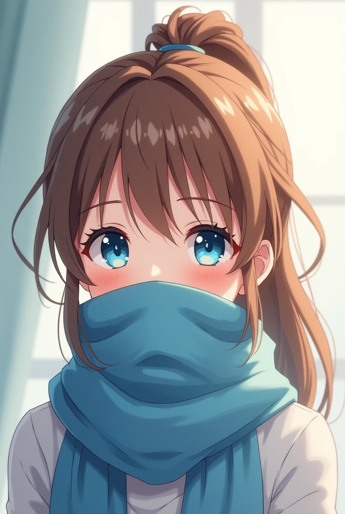 Anime girl, Blue eyes, brown hair, ponytail, blue scarf, mouth hidden with scarf, shy