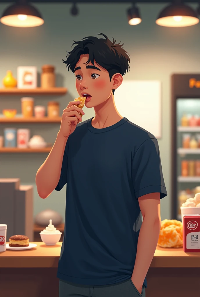 A boy his age is 24 , he stand on a shop and eating andy and he have wear a tshirt which colour nevi blue 