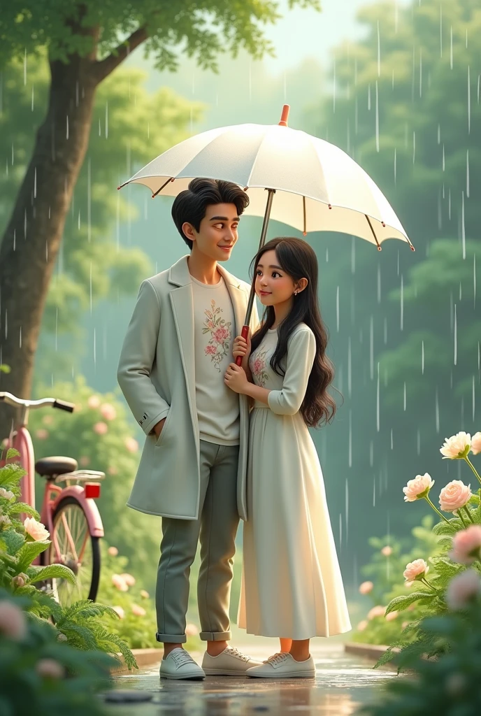 Slowly slowly rain with Ali and waniya enjoy rain with garden and couple sitdown in a bicycle and Ali plug in umbrella color white and Ali white dress coat and flowers design t shirt and waniya dress color white frock and Ali shoe's color white and waniya shoe's color is white and couple smiling faces in prompts generate