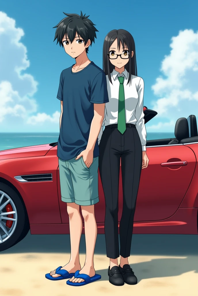 1 Japanese man,Age 27,black short hair,Blue short-sleeved shirt,Beach shorts,Blue Rambo slippers,1 Japanese woman,Age 34,White long-sleeved button-down shirt,Black suit shirt,Green tie,Black long office pants,Black leather shoes,Small glasses,behind,A red luxury car with an open top is parked.