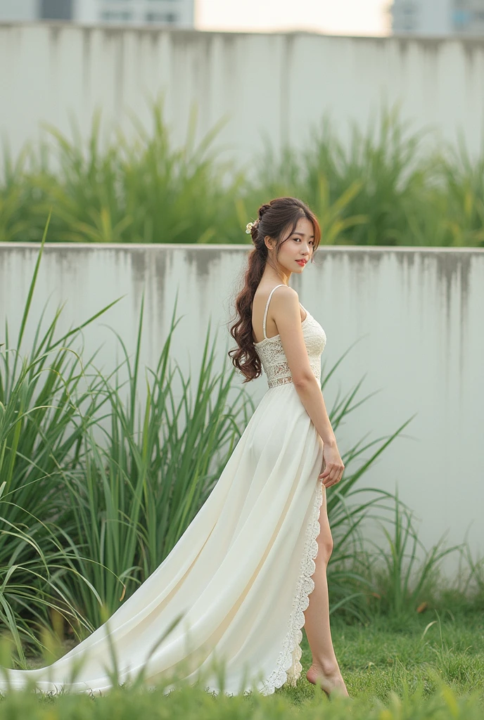 (Highest quality:1.4),(masterpiece:1.4),(Realistic:1.4),(Realistic:1.2),(超High resolution, RAW Photos:1.4),(High resolution, Very detailed:1.2),(8k:1.2),photograph,(Shot from behind:1.3)、Korean women、brown hair photos,One Woman,alone,(In underwear),Very large breasts,((Thigh to head shot:1.3))、(((topless、You can see her large breasts from the side.)))、((Toothy smile))、((Very large breasts:1.4))、Realistic skin textures、Slightly freckled、Slender figure、Realistic skin textures、((background,Concrete wall:1.3)),(topless,The breast is visible from the side:1.6),(Long lace slip,White)、3 woman、The angle at which the nipple is not visible、((Updo long hairstyle))、((Black,Long lace slip:1.4))、Correct toes、Detailed facial features、Long slip covers the buttocks and soles of the feet、Long slip covers your butt、