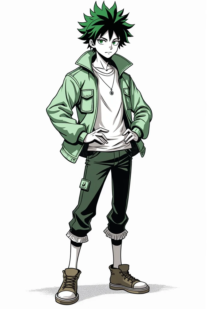 Create a manga-style drawing of a man with the characteristics of Deku and Flynn Rider, that is in full body and black and white