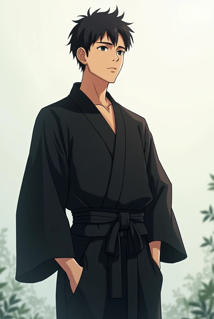 Generate me a art of young non bearded serious looking male filipino in a black kimono in a light theme background anime style