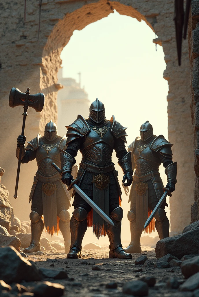 three armored warrior, two hold swords, one holding hammer, outside break hole wall only, with light