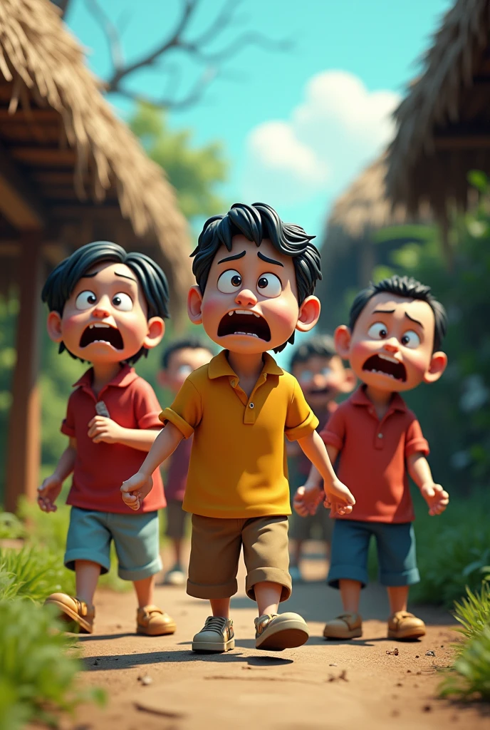 3d cartoon style image.जो एक-दो लोग लौटे भी, वे अपने होश-हवास खो चुके थे। उन्होंने जो बताया, वह गाँववालों की नींद उड़ाने के लिए काफी था।