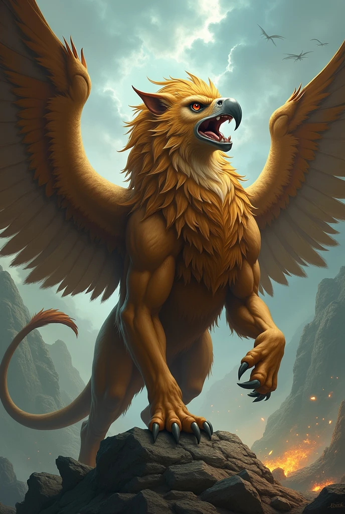 a creature with eagle head, wings and lion body. griffin 