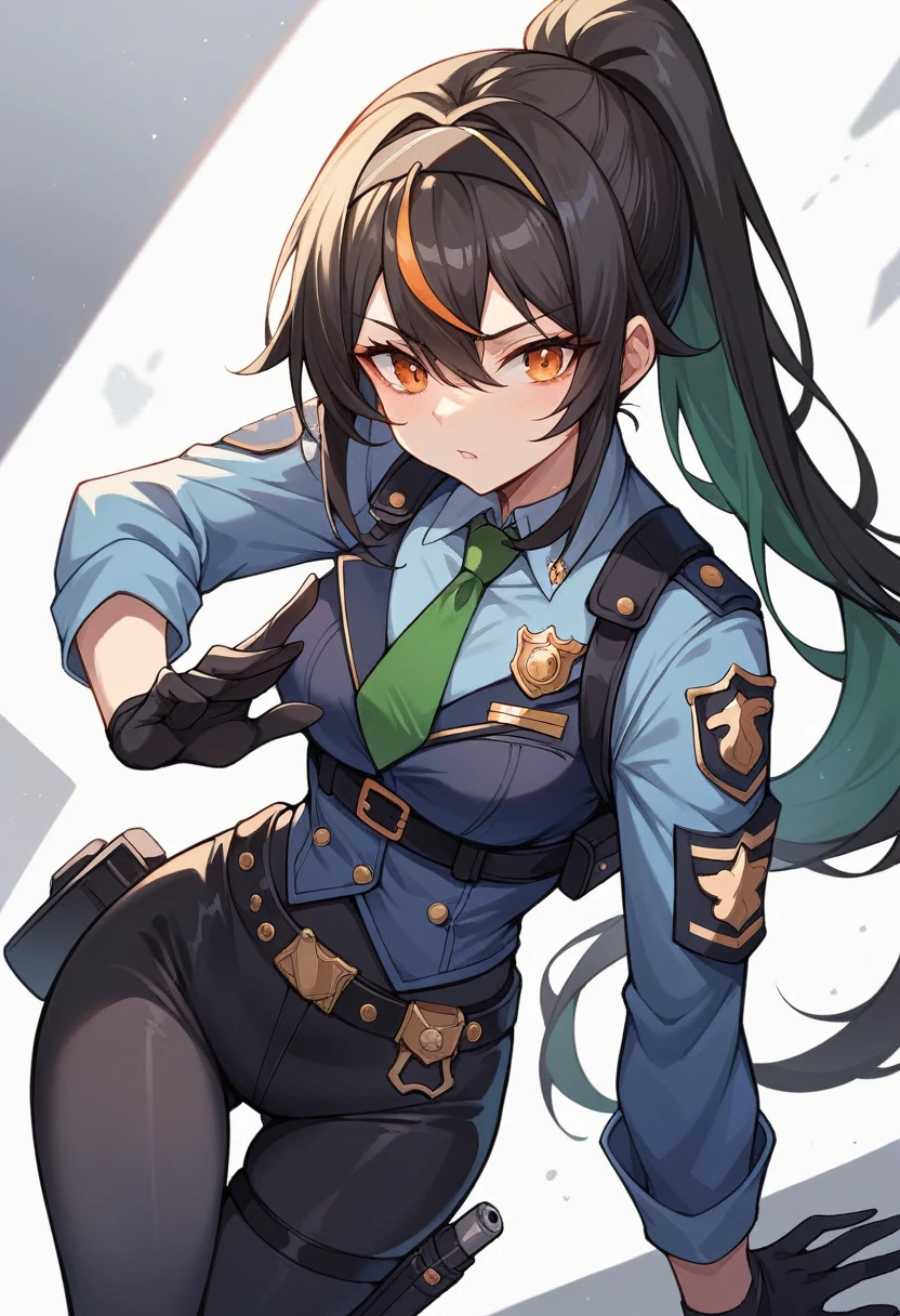 zhu yuan Naughty pose at bedroom grab gun, orange eyes, black hair, long hair, streaked hair, ponytail metal hairband, police uniform, blue jacket, cropped jacket, long sleeves, black vest, two-tone vest, black gloves, green necktie, plaid necktie, black pants, high-waist pants, belt, thigh straps, knee pads, holster, tight pants, blue footwear