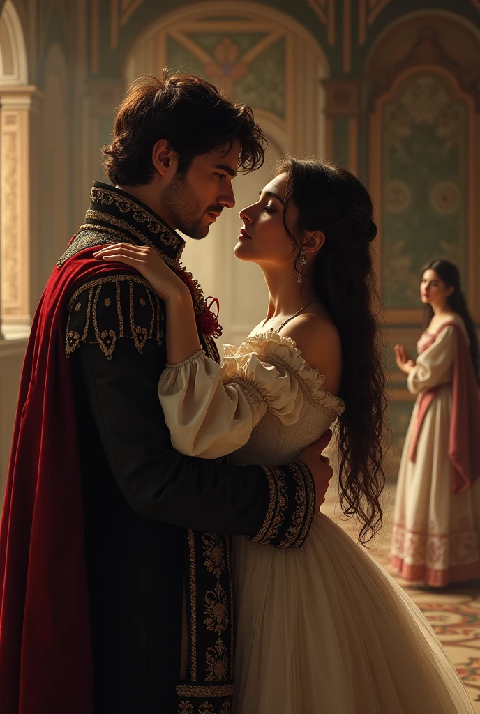 The image depicts three main characters in a grand Renaissance setting. At the center, Romeo, a dark haired young man, wears an elegant coat typical of the time, with rich fabric details. He looks passionately at Juliet, that is in front of you. Juliet is a young woman of delicate beauty, with long wavy hair and dressed in an elegant dress, full of detail, olhando de volta para Romeo com a mesma intensidade de amor.

a little far away, to the right of the image, is Rosalina, represented as a serene and graceful woman. She wears more modest clothes, but still thin, with a distant and contemplative expression, refletindo sua decisão de viver em celibato e o amor não correspondido por Romeo. The background is a large Renaissance hall, with soft, warm light, which reinforces the emotional tone and tension between the characters.