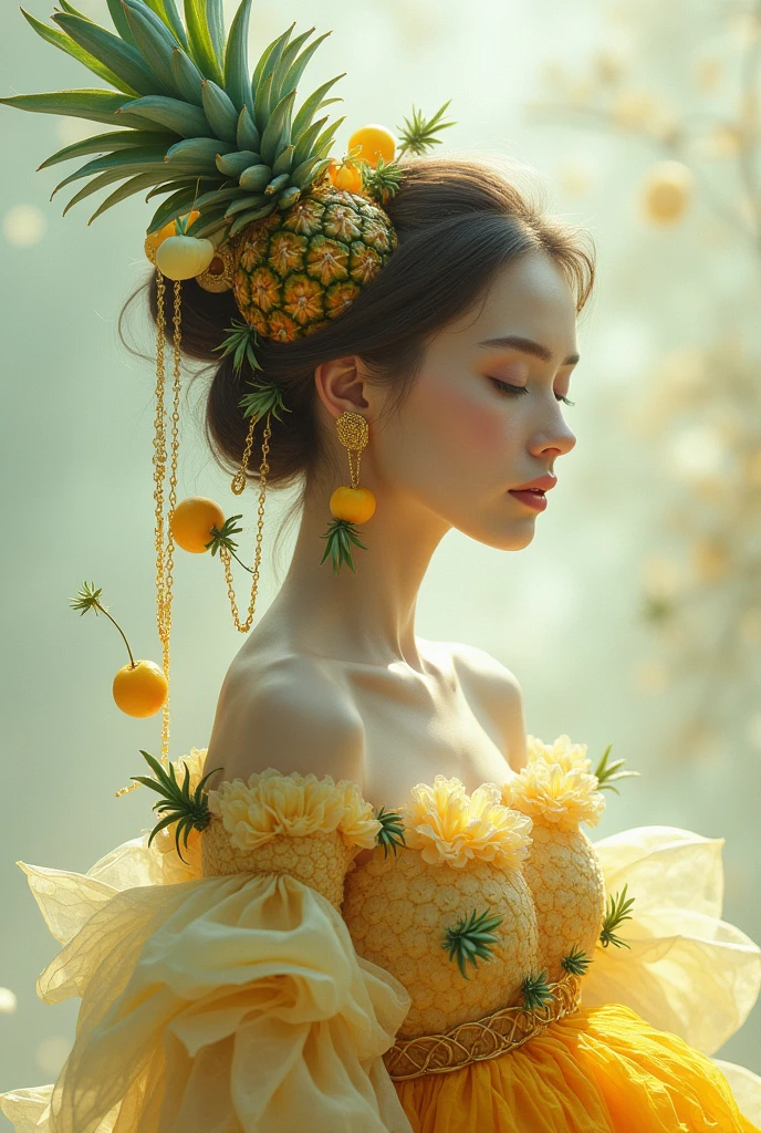 A woman, dressing Pineapple 
