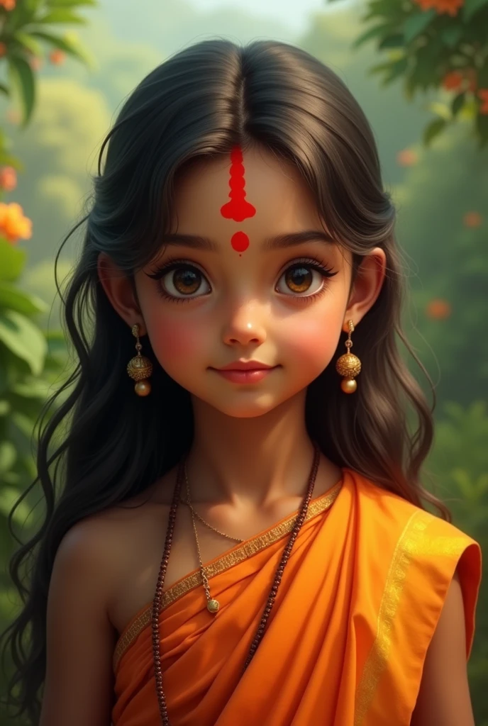 Hindu girl in orange clothes with red tilak on forehead