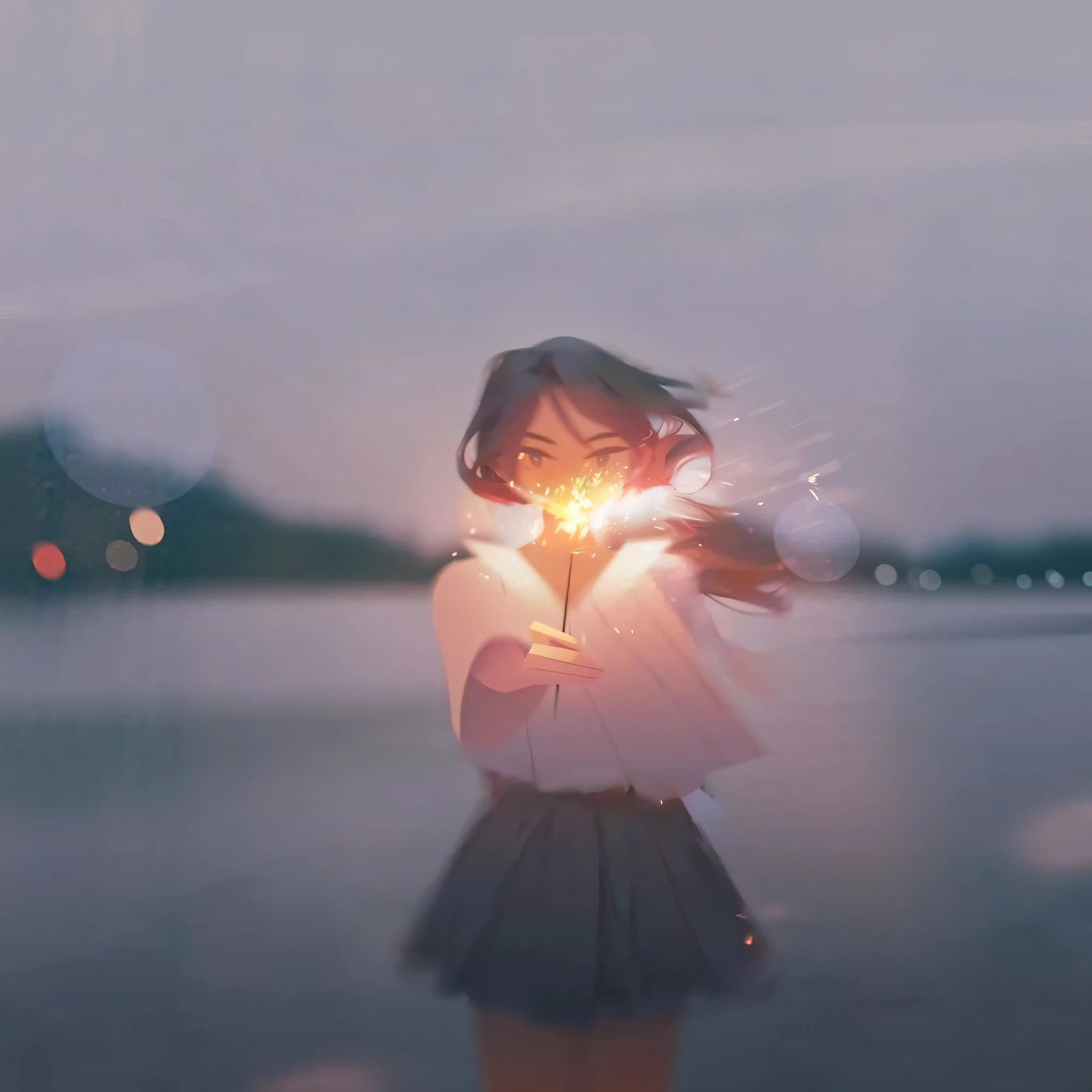 There is a long-haired girl holding a firework stick in her hand.., Atei Gailan(Atey Ghailan), Blurry and dreamy painting, Guweiz style art work, inspired Atei Gailan(Atey Ghailan), Blurry and dreamy painting, Atei Gailan 스타일로,Red shorts, Digital Art Ilya Kuvshinov, Lopi Portrait, makoto shinkai cyril rolando