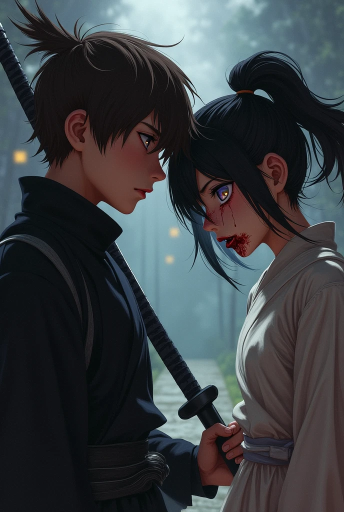 a ninja boy with a katana. He has a brown hair. He wear a Black and white ninja outfit. A japanese girl. Her mouth covered in blood and her one eye's brown and another is purple. She has a mid length hair ponytail. Both are japanese. Give them a mature look.