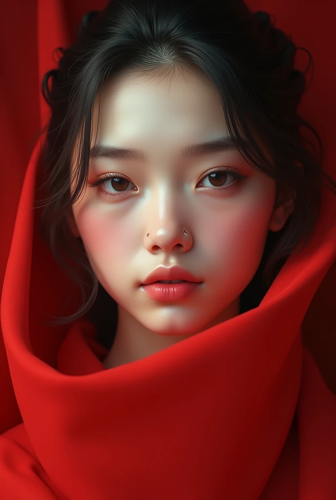 A girl, milky fair skinned, curvy figure,peaceful eyes,bow like eyebrows, red cloth, square face