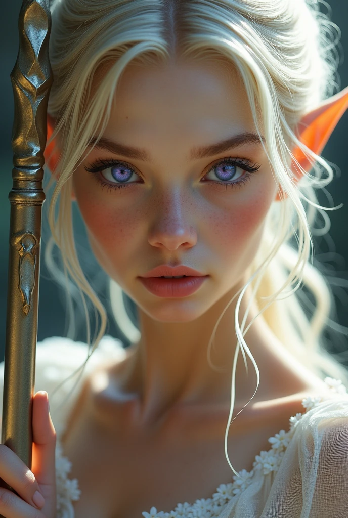 Close up skiny Elf teen Ash blonde violet eyes wearing sexy sheer linen dress and scepter in her hand hand, standing, facing forward with a defiant and sensual look.